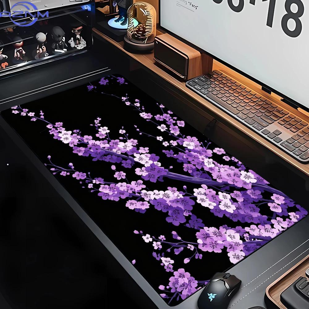Tradescantia Purple - 紫色の桜柄マウスパッド 大型コンピューターオフィスゲームテーブルマット 滑り止めゴム製ステッチキーボードマット XXLデスクパッド