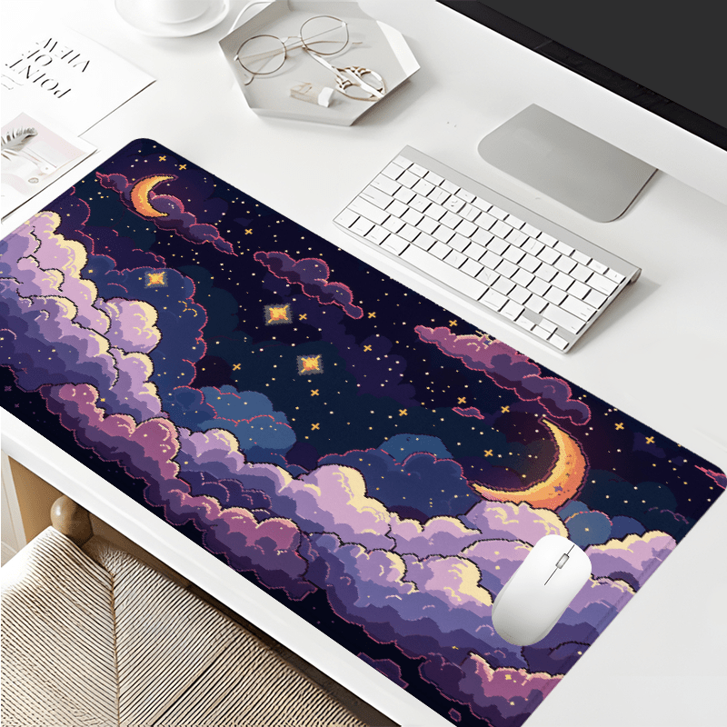 Tradescantia Purple - 紫の星空雲柄マウスパッド - 滑り止め付き特大ドリーミーゲーミングデスクマット - ステッチ入りボーダー、ラバーベース