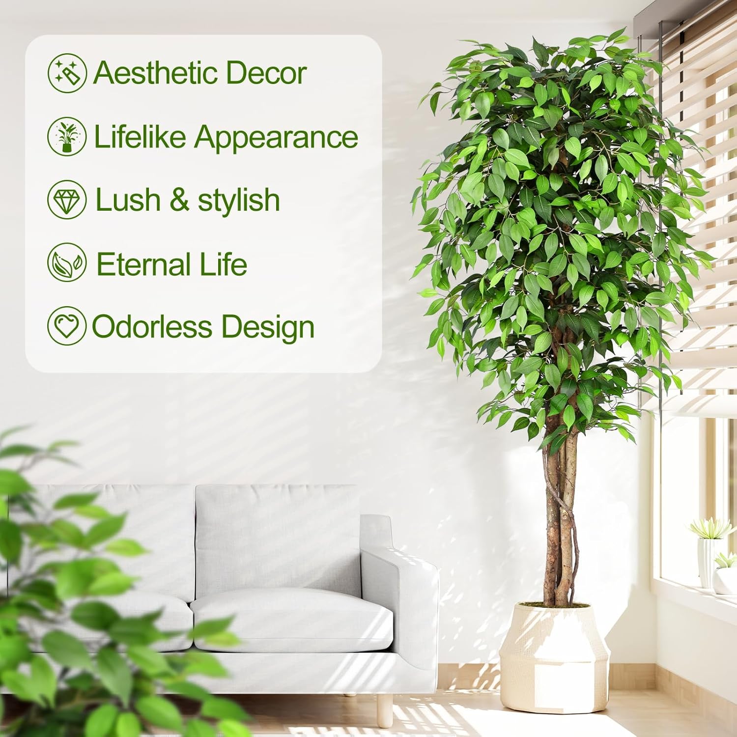 本物そっくりの人工フィカスツリー、自然な幹と豊かな葉が特徴、 - Monstera Adansonii のレビューと価格